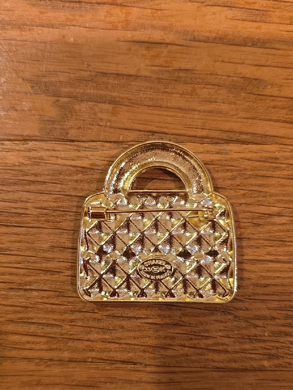 Red Enamel Quilted CC Crystal Brooch with Gold-Tone Trim (Stamped) - Picture 3 of 5